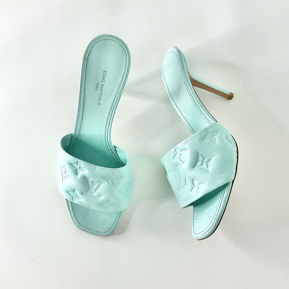 NEW Louis Vuitton Revival LV Monogram Emboss Pale Turquoise Mules Sandals 36.5 - Picture 1 of 13